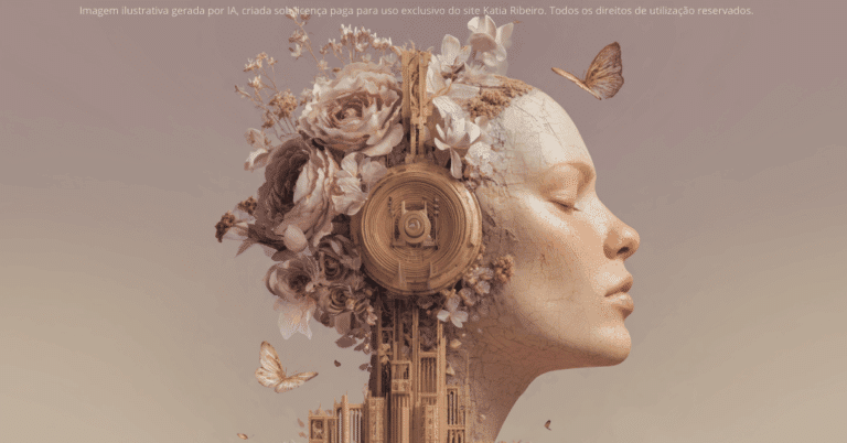 A imagem mostra a cabeça de uma mulher com fone de ouvido, flores, borboletas e elementos, simbolizando como um diálogo interno positivo faz a mente florescer e se reconstruir.