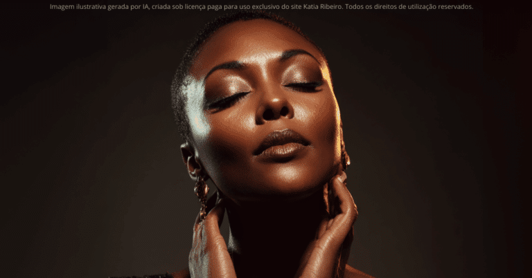A imagem mostra uma mulher exibindo uma pele com aspecto jovem, textura regular, viço e um brilho saudável da pele