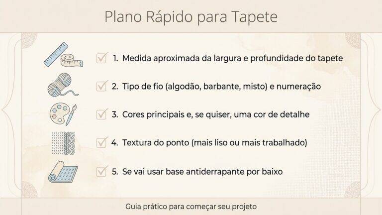  Infográfico com checklist para planejar tapete de crochê, mostrando lista de 5 itens essenciais: medidas, tipo de fio, cores, textura e base antiderrapante. Design limpo e elegante em português.