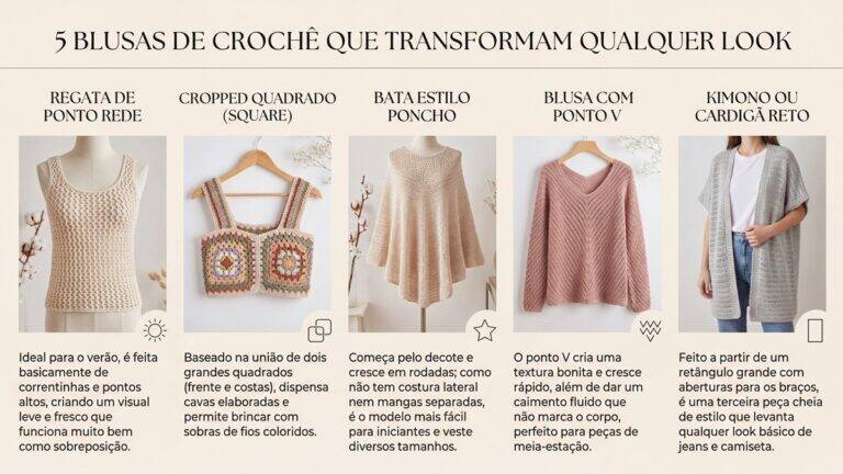 Infográfico com cincodelos de blusas de crochê e suas características para transformar looks