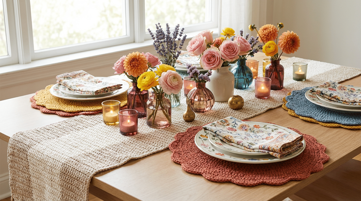 Caminhos e toalhas de mesa em crochê moderno para valorizar a decoração da casa