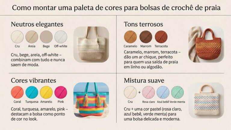 Infográfico sobre paletas de cores para bolsas de crochê de praia, mostrando combinações de neutros elegantes, tons terrosos, cores vibrantes e misturas suaves com textos em português sobre cada estilo de cor.