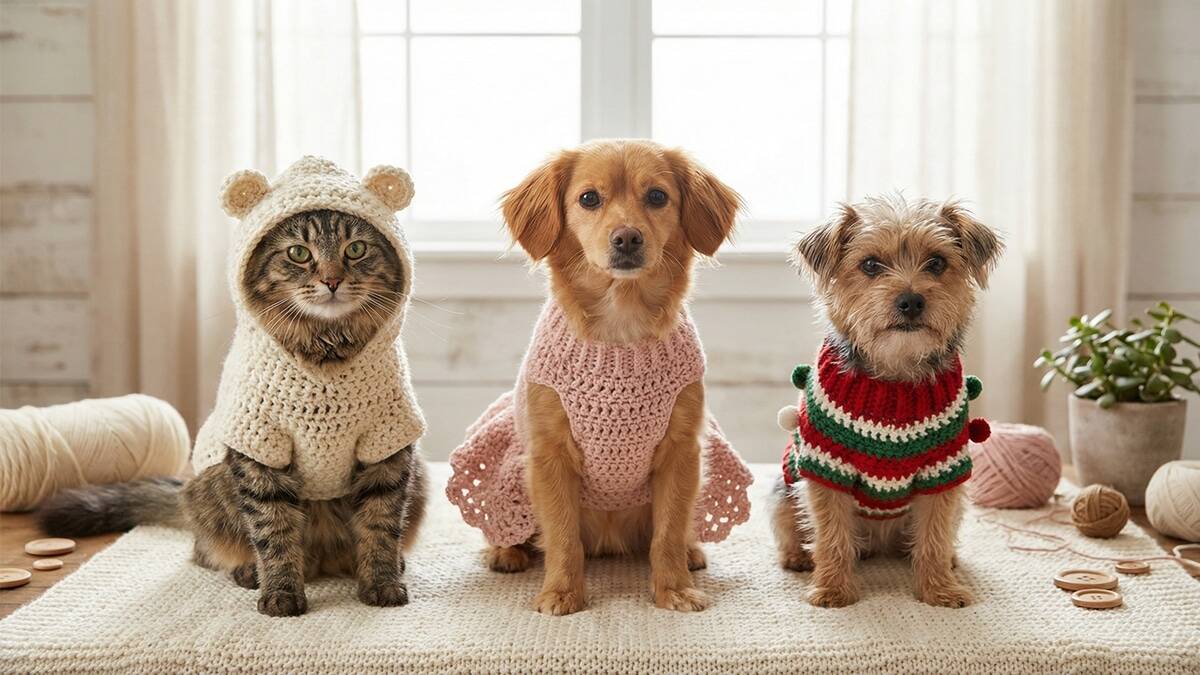 Crie roupinhas de crochê pet para cachorros e gatos usando gráficos detalhados