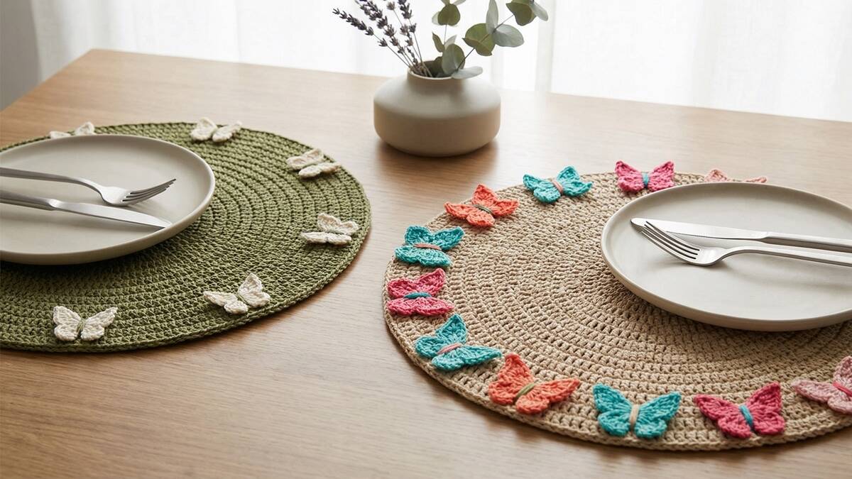 Renove sua decoração com sousplats de crochê com aplicação de borboleta