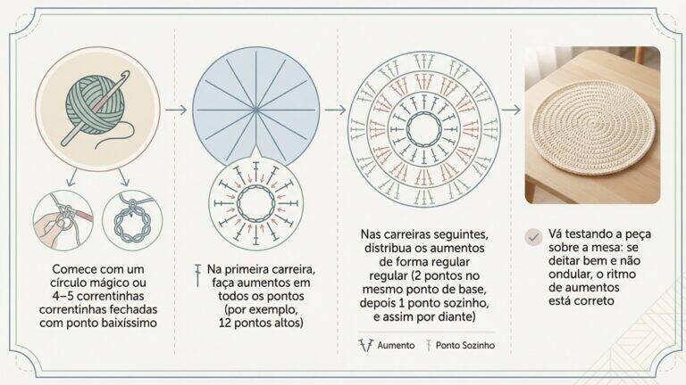 Infográfico sobre como montar um souplat básico de crochê, mostrando passo a passo desde o círculo mágico até a distribuição de aumentos e verificação da peça final.