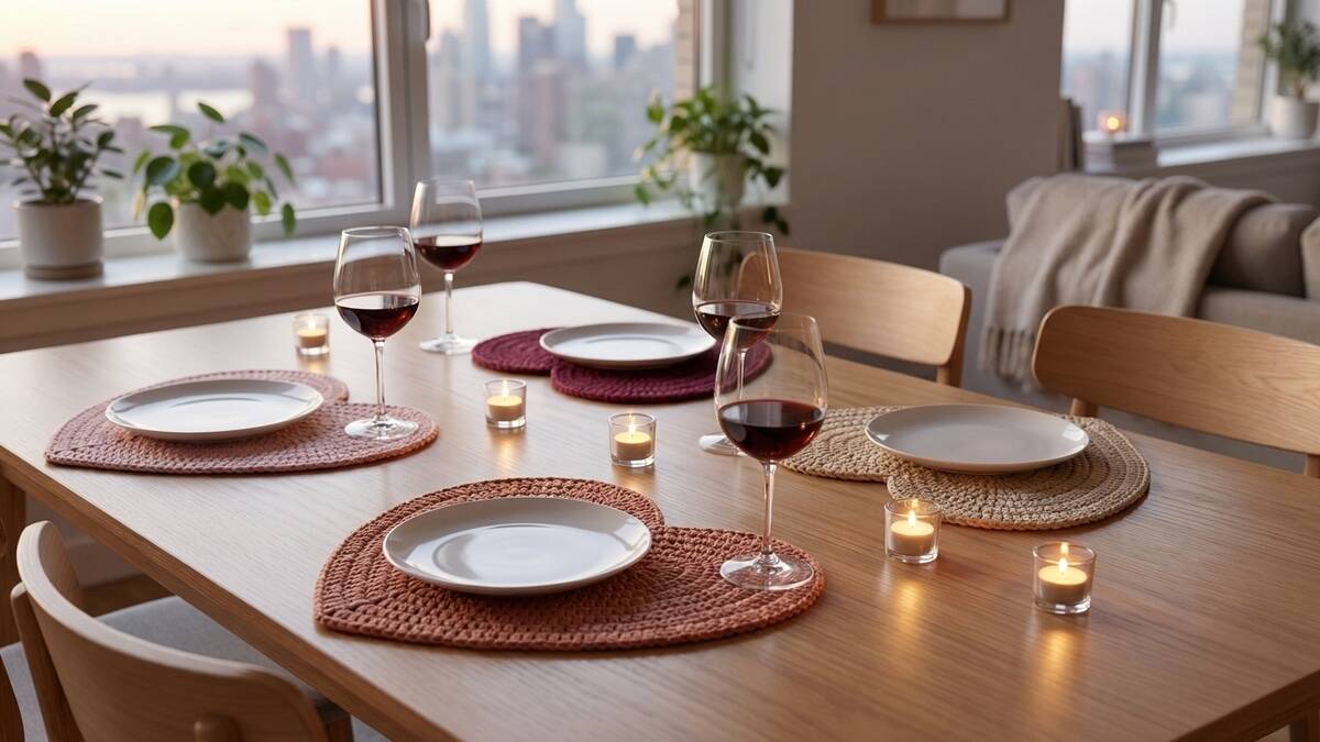 Jantar sofisticado com sousplats de crochê em formato de coração