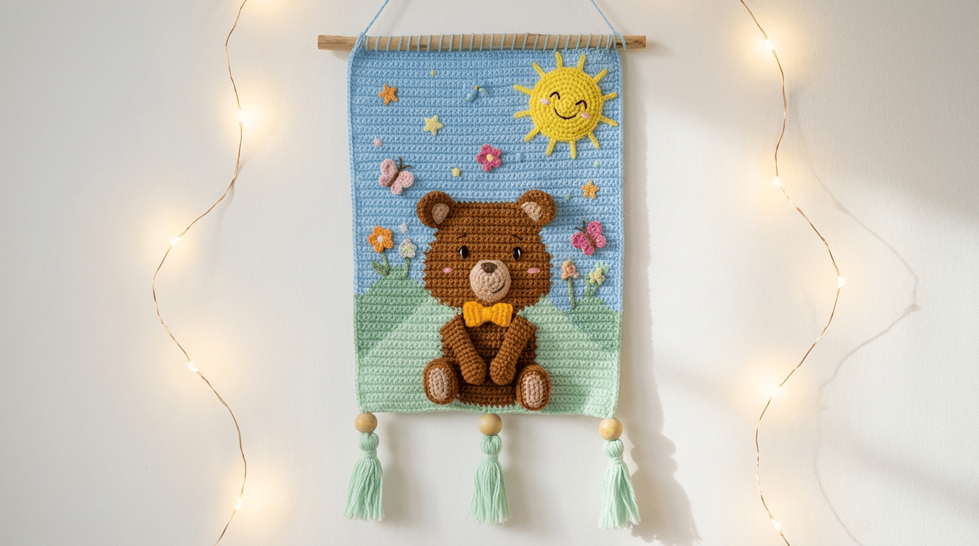 Flâmula de crochê com urso amigurumi é tendência para decoração infantil em 2026