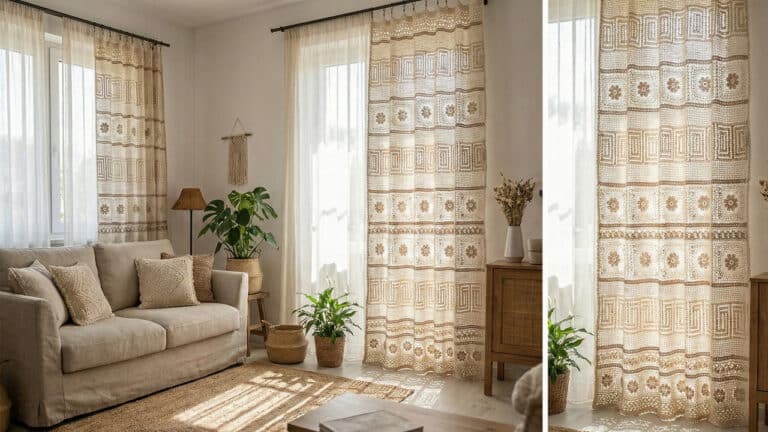 Colagem de fotos mostrando uma sala de estar rústica. À esquerda, um sofá bege com almofadas de crochê e uma janela com uma cortina de crochê estampada. À direita, um close da cortina de crochê bege com detalhes florais e geométricos, filtrando a luz do sol. Plantas em cestos e móveis de madeira completam a decoração.