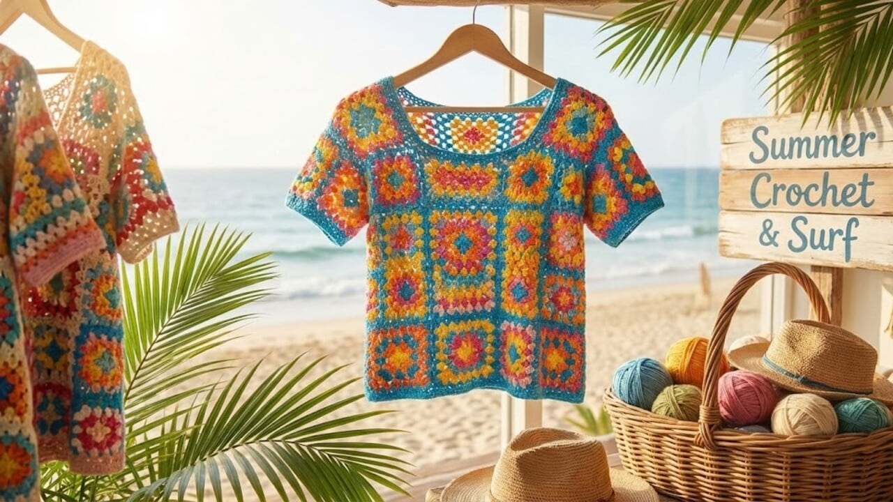 Blusas de crochê com os famosos quadradinhos da vovó para o verão de 2026