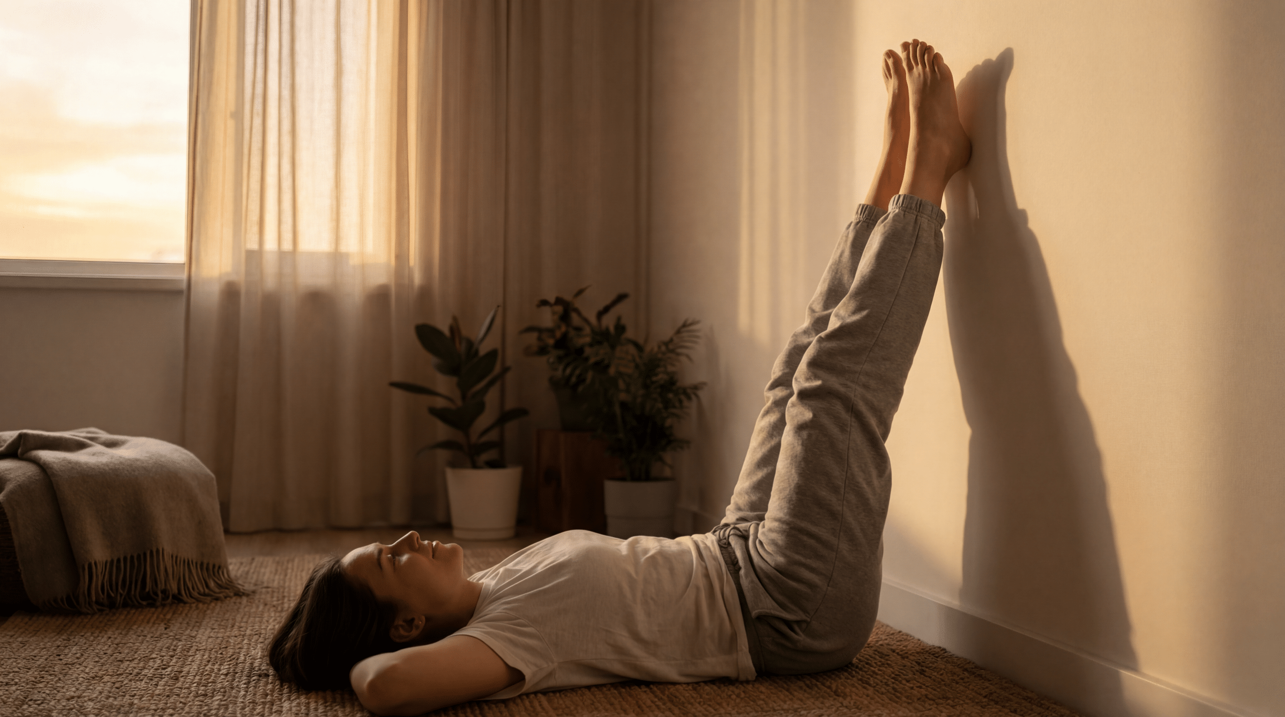 Deite no chão e encoste os pés na parede por 5 minutos para eliminar o inchaço das pernas e o cansaço do dia
