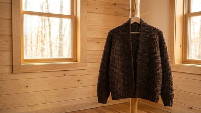 Cardigan de crochê marrom escuro artesanal sendo usado em cenário aconchegante, com foco na textura dos pontos de lã, novelos marrons e iluminação natural.