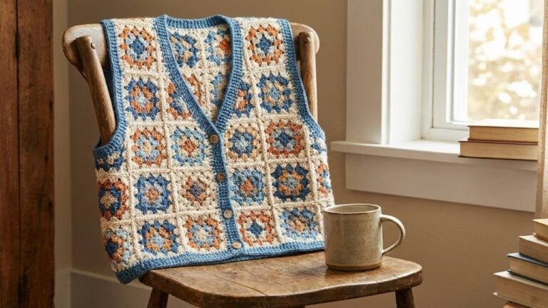 Colete artesanal de crochê estilo granny square em tons de azul e laranja sobre uma cadeira de madeira em ambiente decorado com livros e caneca.