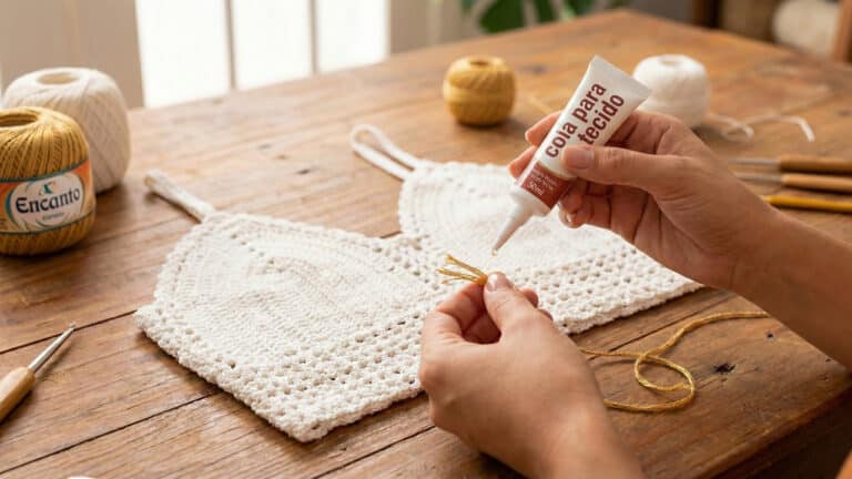 Uma pessoa segura um tubo branco de "cola para tecido" e aplica uma gota nas pontas soltas e douradas do fio encanto em um top de crochê branco, que está sobre uma mesa de madeira rústica. Ao fundo, há novelos de linha Encanto e agulhas de crochê.