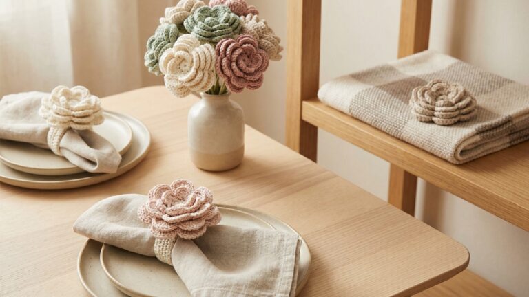 Mesa decorada com flores de crochê em porta-guardanapos e buquê tons naturais