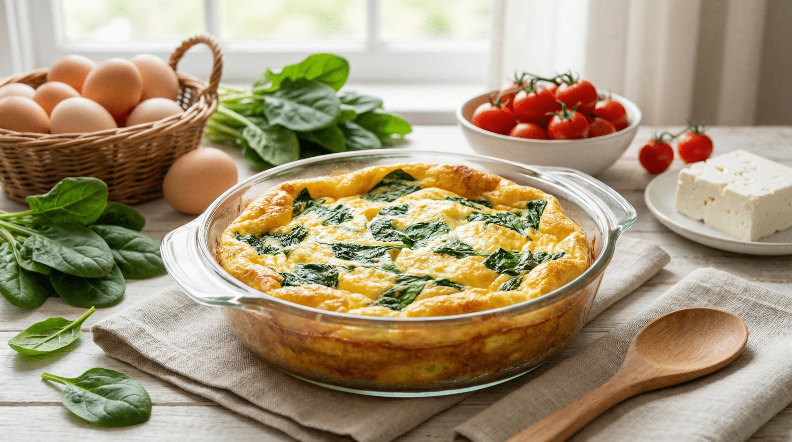 Omelete de forno com espinafre que substitui o pão francês e mantém a saciedade até o almoço