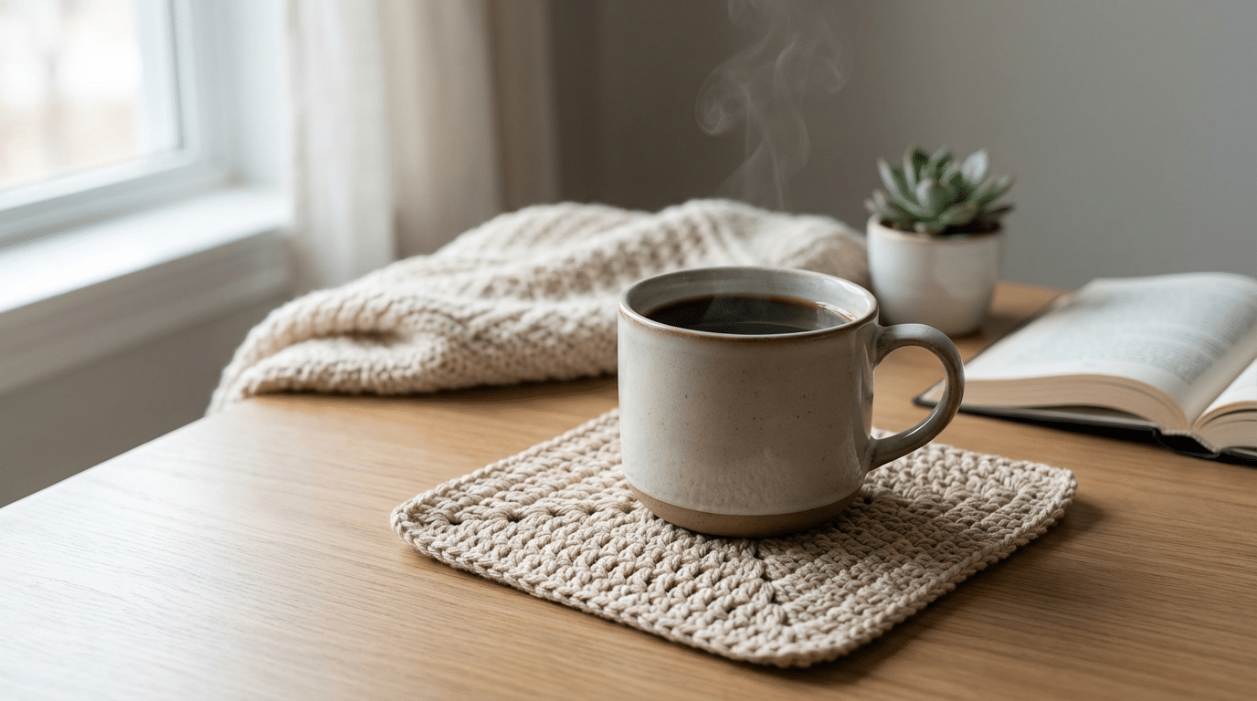 Aconchego em cada detalhe: como os porta-copos de crochê elevam o ritual da mesa posta