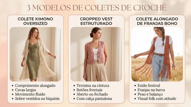 Infográfico com três modelos de coletes de crochê: kimono oversized, cropped vest estruturado e alongado de franjas boho