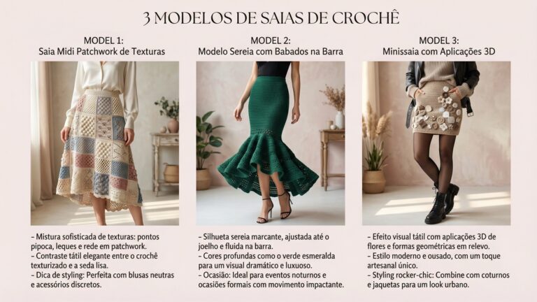 Infográfico com três modelos de saias de crochê: midi patchwork, sereia com babados e minissaia com aplicações 3D