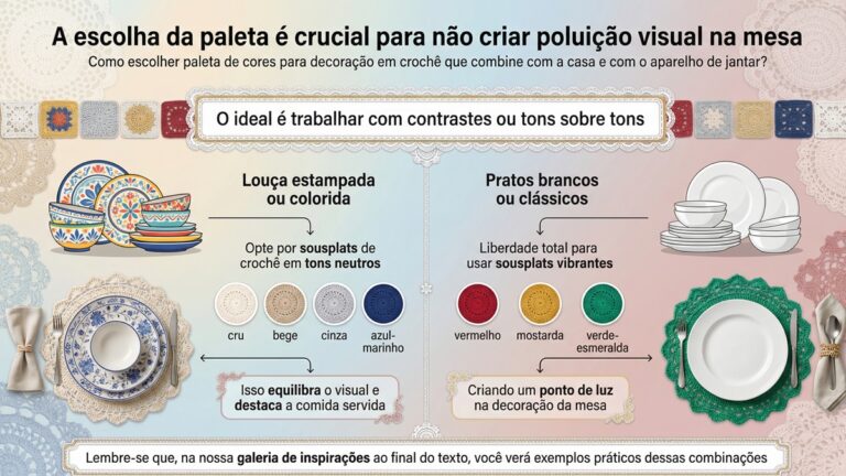 Infografico sobre como escolher paleta de cores para decoracao em croche que combine com aparelho de jantar