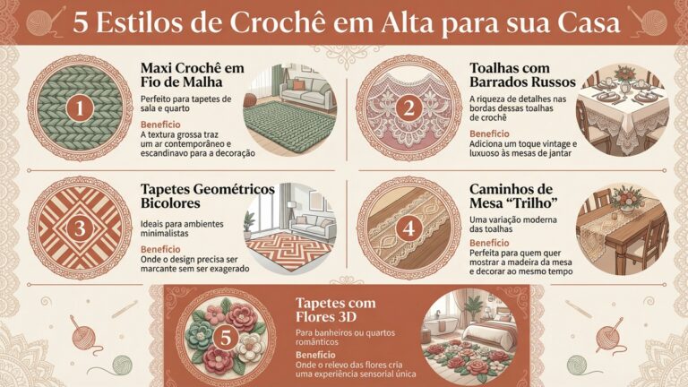 Infografico sobre 5 tendencias de croche alta para decoracao de casa
