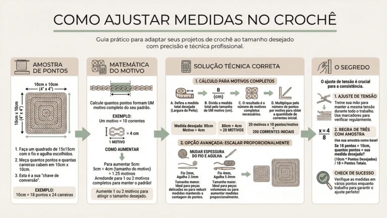 Infografico educativo sobre como ajustar medidas no croche usando amostra de pontos e matematica do motivo
