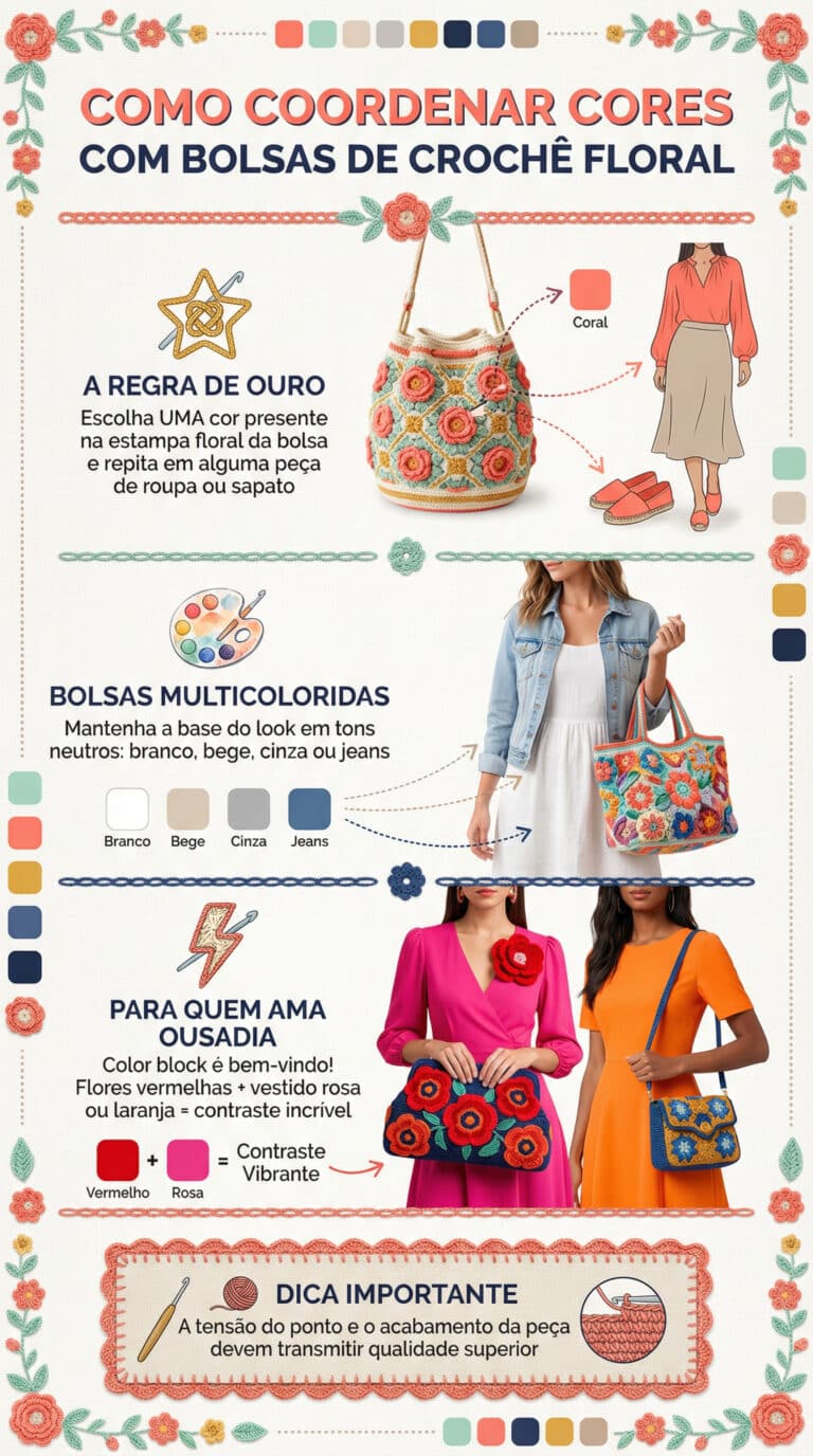 Infografico detalhado sobre coordenacao de cores com bolsas de croche floral com dicas de styling e combinacoes