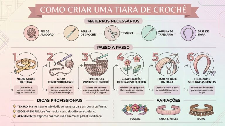 Infografico educativo com passo a passo detalhado sobre como criar uma tiara de croche artesanal