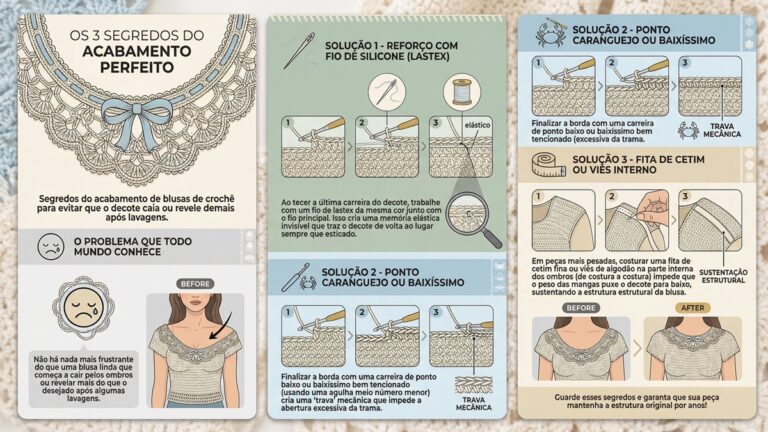 Infográfico completo em português sobre os 3 segredos do acabamento perfeito para blusas de crochê, com design moderno, atraente e educativo. O infográfico começa destacando o problema comum de decotes que caem ou revelam demais após lavagens, seguido de três soluções técnicas detalhadas.