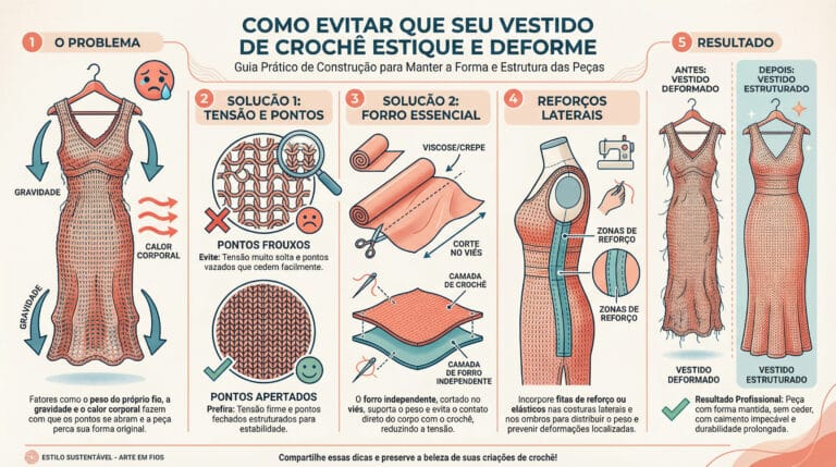 Infografico educativo sobre tecnica de blocagem e engomagem de centros de mesa em crocheasso a passo ilustrado