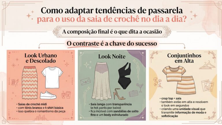 Infografico sobre como adaptar tendencias de passarela para uso de saia de croche no dia a dia