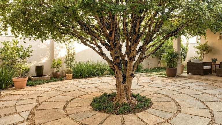 Uma jabuticabeira majestosa é o ponto central de um pátio externo. O tronco da árvore está densamente carregado de jabuticabas pretas e brilhantes. Ela cresce a partir de um pequeno canteiro circular com grama, cercada por um pavimento de pedras claras dispostas em um padrão concêntrico. Ao fundo, vê-se uma área de lazer aconchegante com poltronas de vime, vasos de plantas ornamentais e uma parede de tom neutro sob iluminação suave.