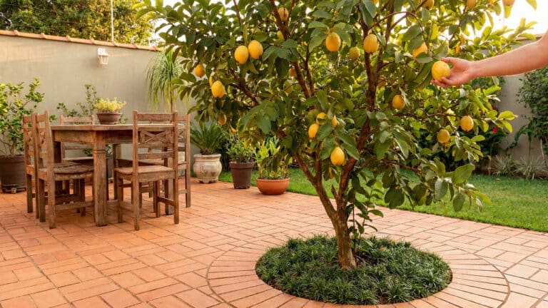 Uma goiabeira carregada de frutos amarelos maduros, plantada diretamente no chão de um pátio. A árvore está no centro de um pequeno canteiro circular de grama, cercado por um piso de lajotas de cerâmica terracota. Ao fundo, uma mesa de jantar rústica de madeira com cadeiras, em um ambiente externo iluminado pela luz suave do sol."