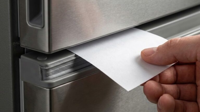 Mão humana colocando folha de papel na borracha cinza da porta da geladeira para verificar perda de ar frio.