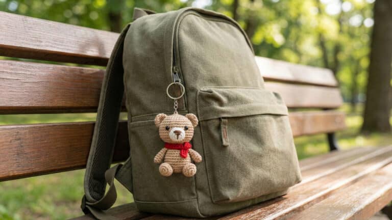 mochila em tons neutros com um chaveiro de crochê artesanal pendurado no zíper. O chaveiro, feito à mão com detalhes coloridos, destaca-se como um elemento de personalização criativa, exemplificando como o artesanato pode ser usado para customizar acessórios do dia a dia com exclusividade e estilo."