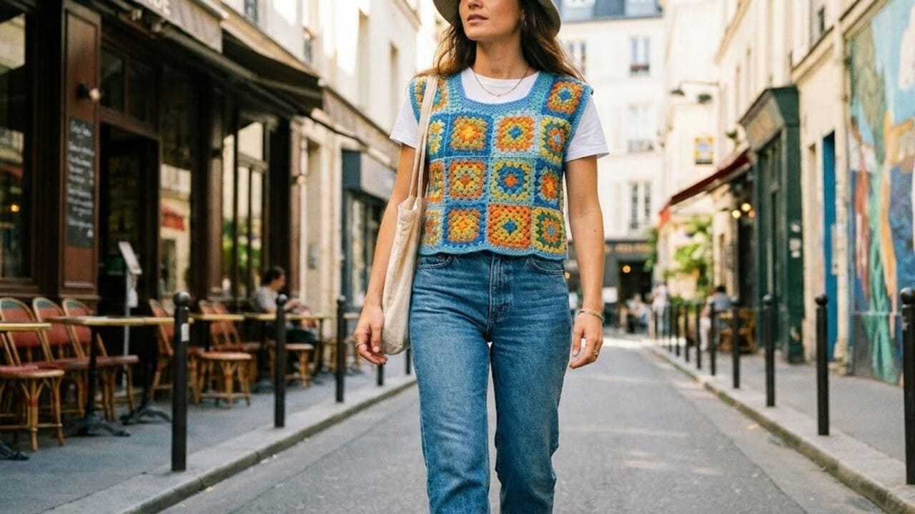 Colete de crochê com quadradinhos da vovó transforma looks modernos
