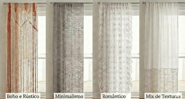 Uma montagem com quatro modelos diferentes de cortinas artesanais penduradas em janelas iluminadas. Da esquerda para a direita: Boho e Rústico, Minimalismo, Romântico,Mix de Texturas