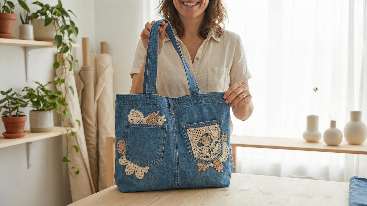 Crie bolsas jeans com upcyling de crochê e encante com arte criativa