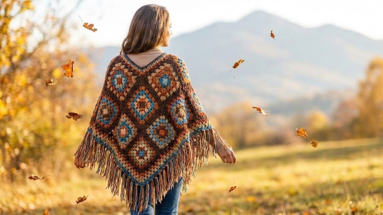 Ponchos de crochê com squares elegantes para arrasar no inverno 2026