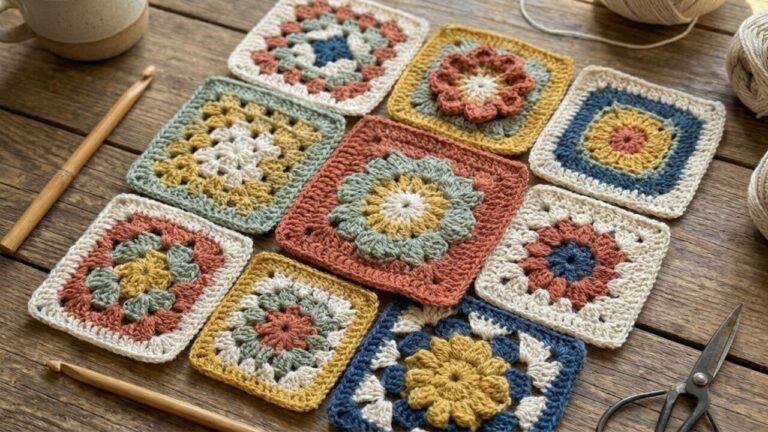 Vários modelos de square de crochê coloridos em tons de terracota, sálvia e mostarda, com diferentes texturas, organizados sobre uma mesa rústica de madeira ao lado de uma agulha de bambu e novelos de linha.