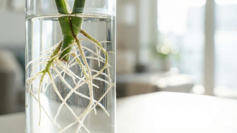 Raízes de planta hidropônica na água em vaso de vidro transparente