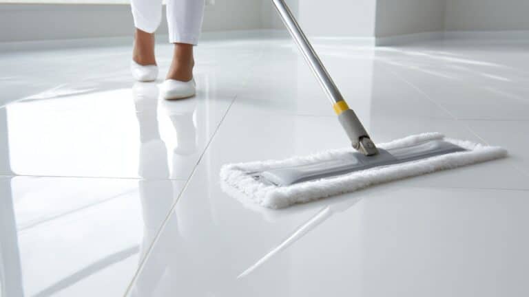 Mulher deixando o o piso branco como novo e limpo