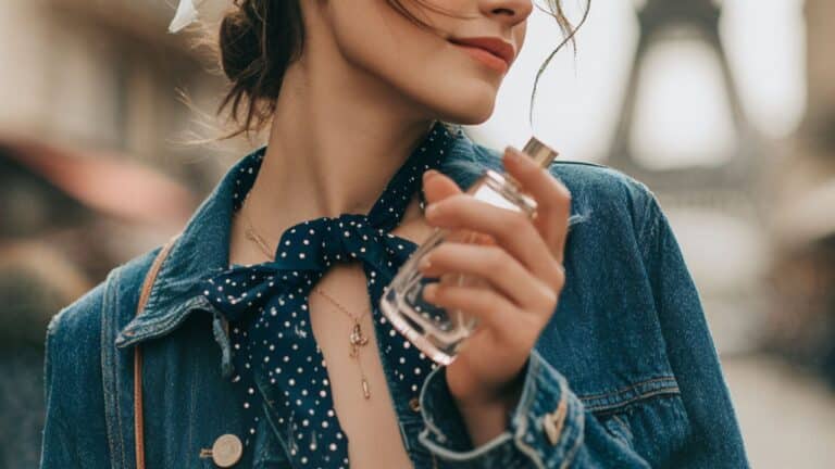 Mulher com frasco de perfume na mão