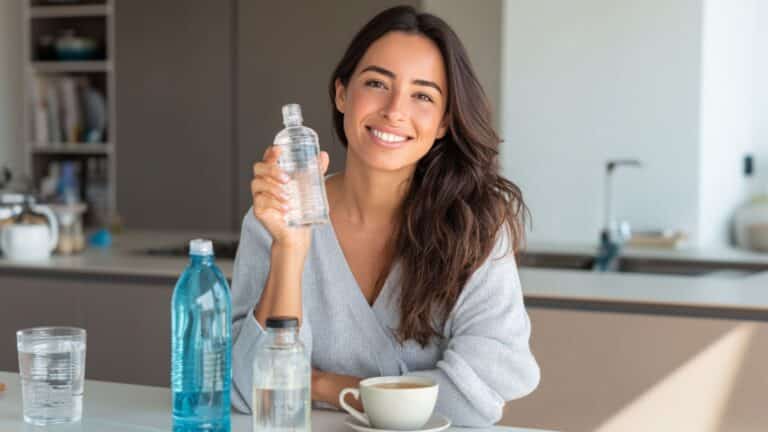 Mulher com um frasco com água termal caseira