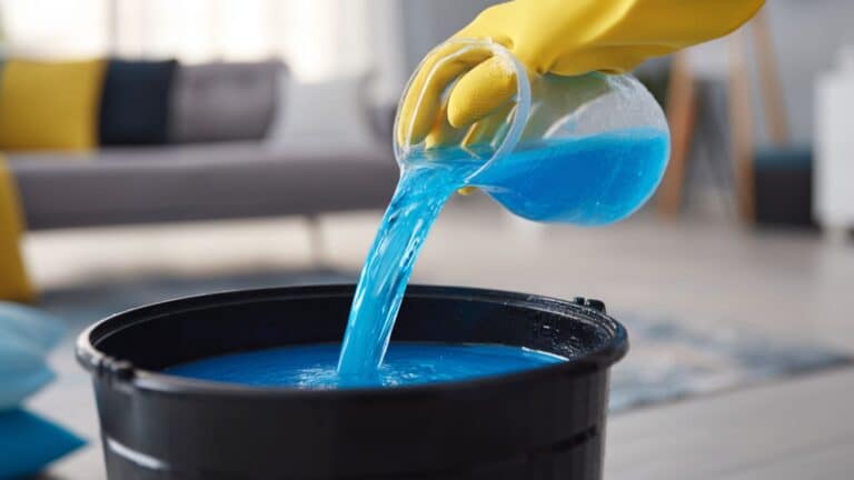 Mulher despejando sabão em pó liquido em um balde com