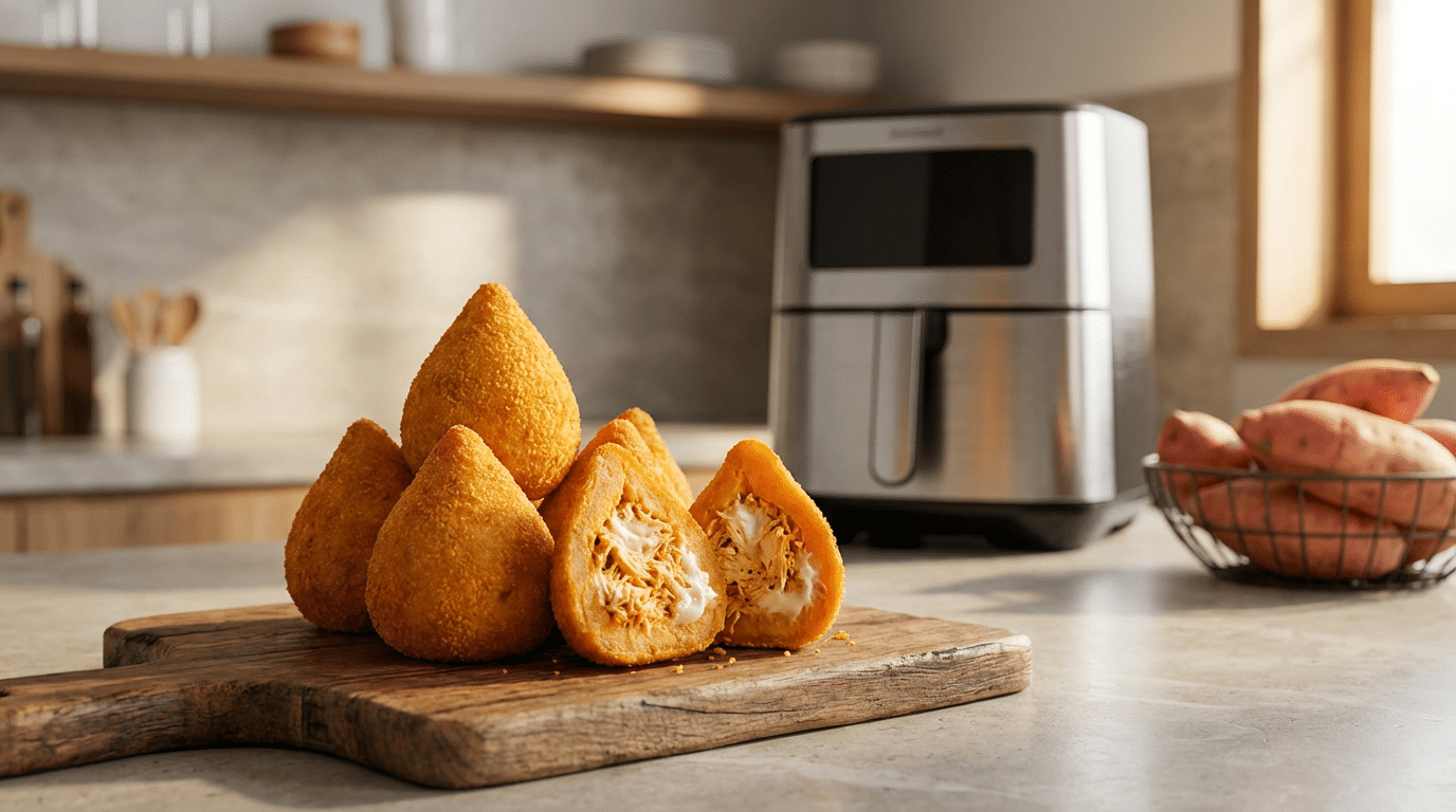 Coxinha de batata-doce na Airfryer se torna lanche proteico de 3 ingredientes que mata a fome sem sair da dieta