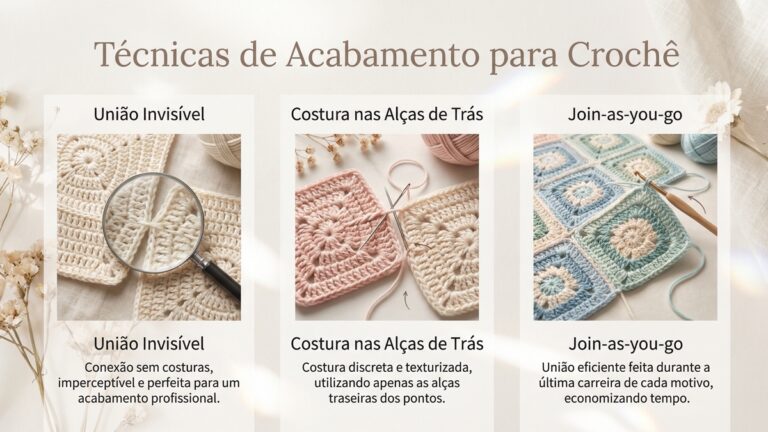 Infográfico sobre técnicas de acabamento para crochê invisíveis, alças de trás e join-as-you-go, layout limpo e organizado, em estilo fotografia editorial de moda artesanal com cores suaves e luz natural