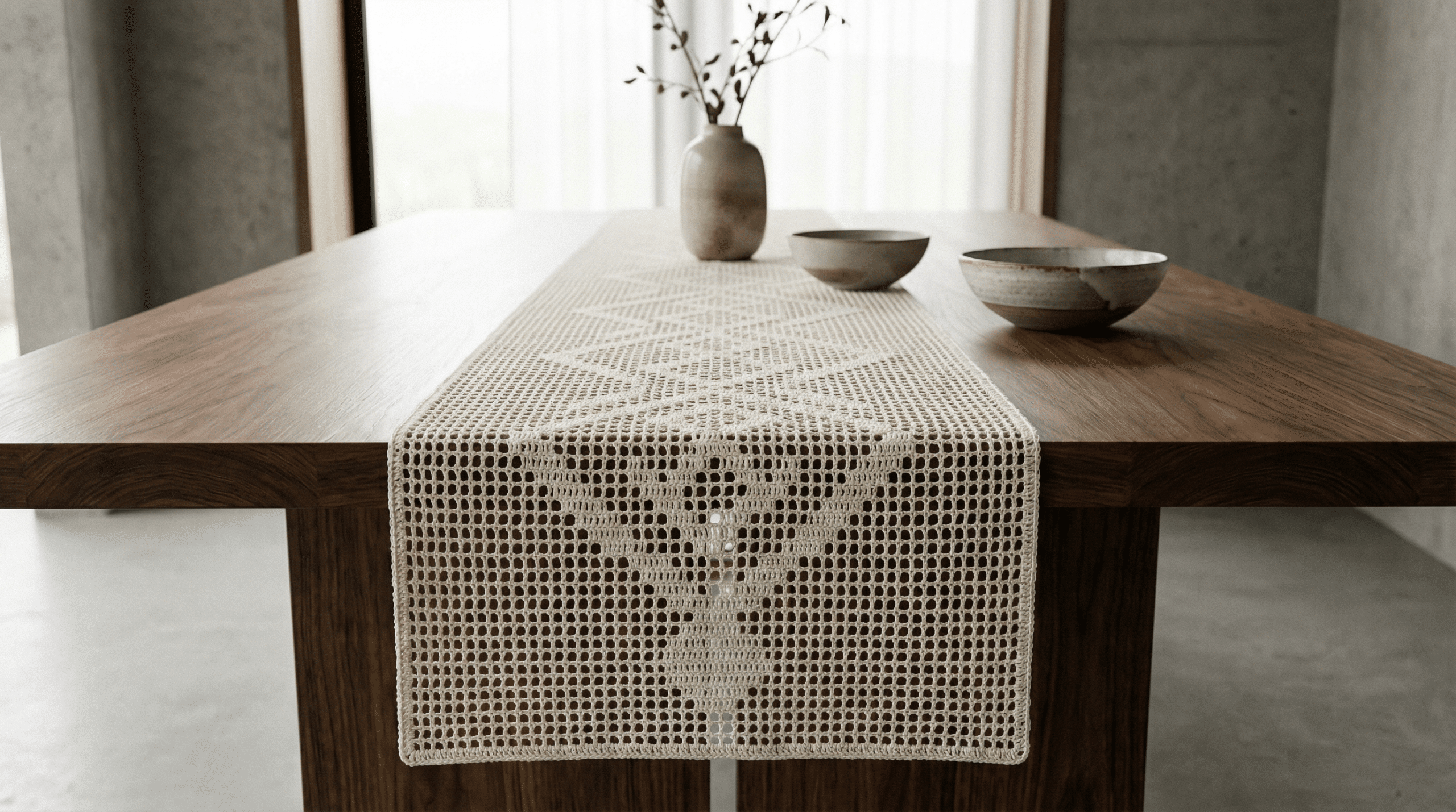 Trilho de mesa moderno com o “ponto rede” em um crochê geométrico decorativo