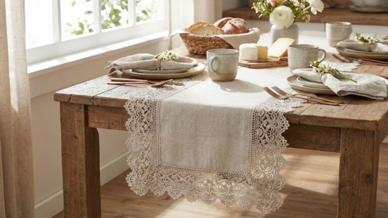 Mesa posta elegante em estilo gourmet com destaque para um trilho de mesa de linho bege adornado com um barrado de crochê rendado e fino. Sobre a mesa de madeira rústica, há louças de cerâmica, talheres de cobre, pães artesanais e um arranjo de flores naturais sob iluminação suave.