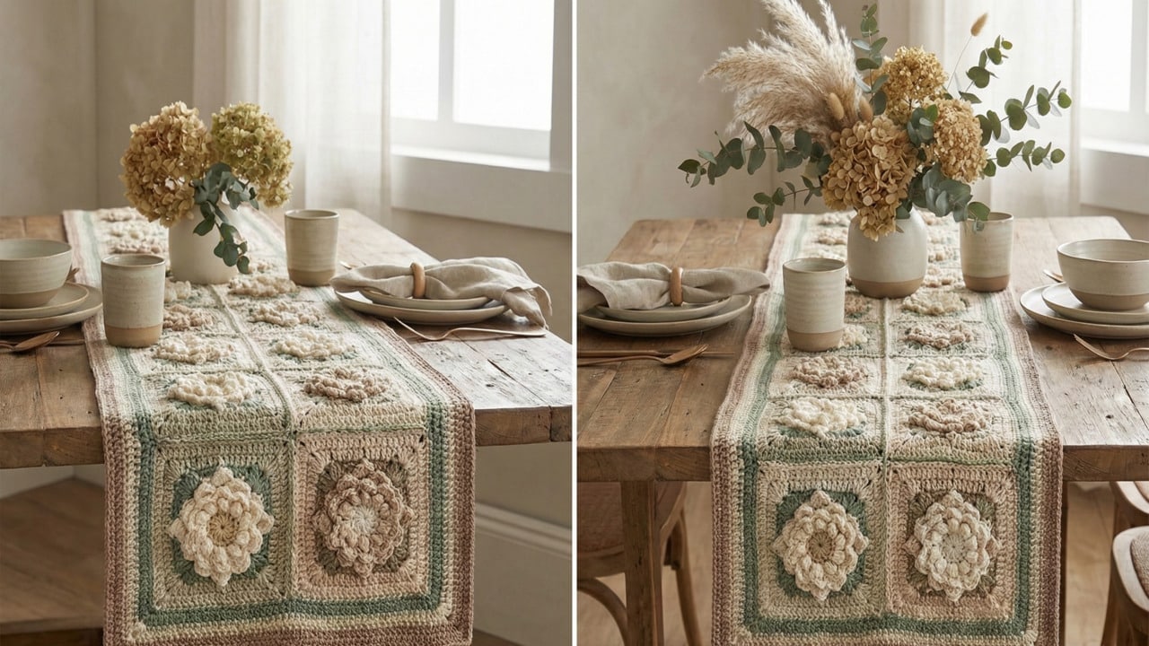 Trilho de mesa em crochê com squares florais: 5 técnicas para criar peças de boutique em 2026