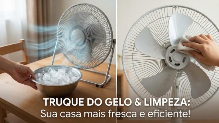 Montagem de duas fotos: à esquerda, uma bacia com cubos de gelo posicionada à frente de um ventilador ligado para refrescar o ambiente; à direita, uma pessoa limpando as pás de um ventilador com um pano. Abaixo, o texto 'Truque do gelo e limpeza: sua casa mais fresca e eficiente'.
